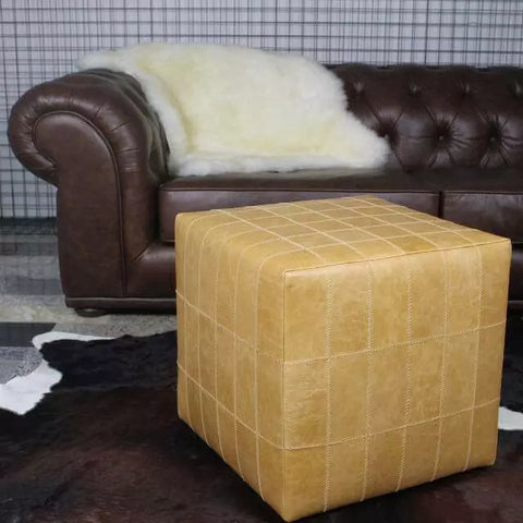 Puff Couro Natural Bali Quadrado